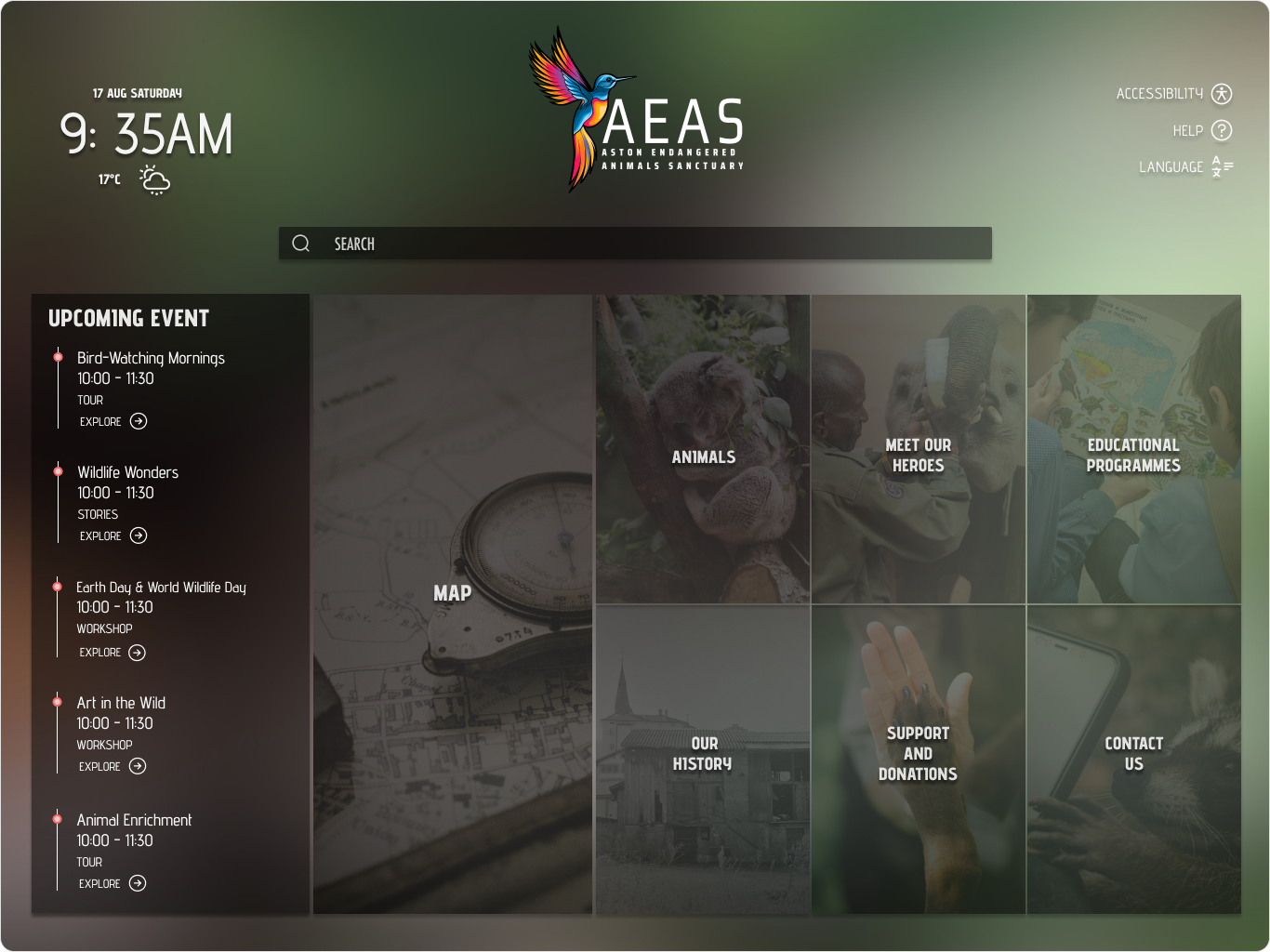 Interactive touchscreen home screen for a wildlife sanctuary visitor kiosk, showing upcoming events and navigation tiles